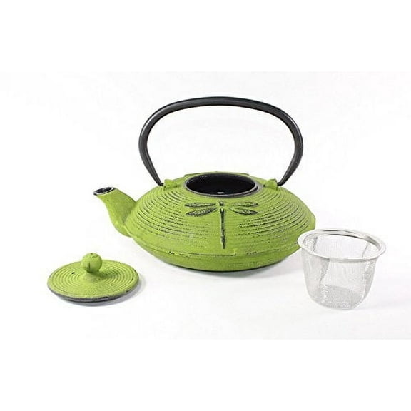 Japanese Antique 27 Fl Oz Green Dragonfly Cast Iron Teapot Tetsubin with Infuser Tea Set with Trivet