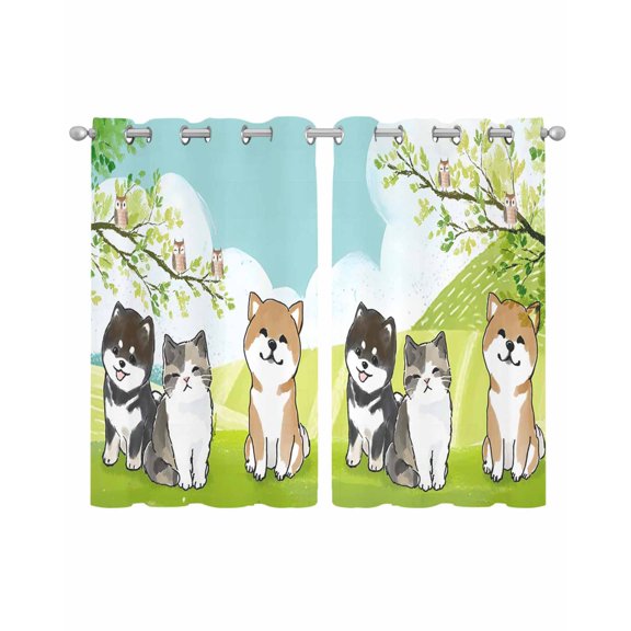 Japanese Aquatian Dogs Sheer Curtains 39 Inch Length 2 Panels Set for Living Room/Bedroom, Cute Cats Spring Green Trees Hills Kitchen Curtains Grommet Curtains Window Treatments 27.5"x39"x2