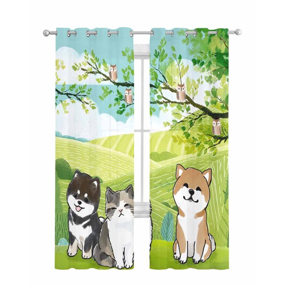 Japanese Aquatian Dogs Sheer Curtains 84 Inch Length 2 Panels Set for Living Room/Bedroom, Cute Cats Spring Green Trees Hills Kitchen Curtains Grommet Semi-Sheer Curtains Window Treatments 42"x84"x2