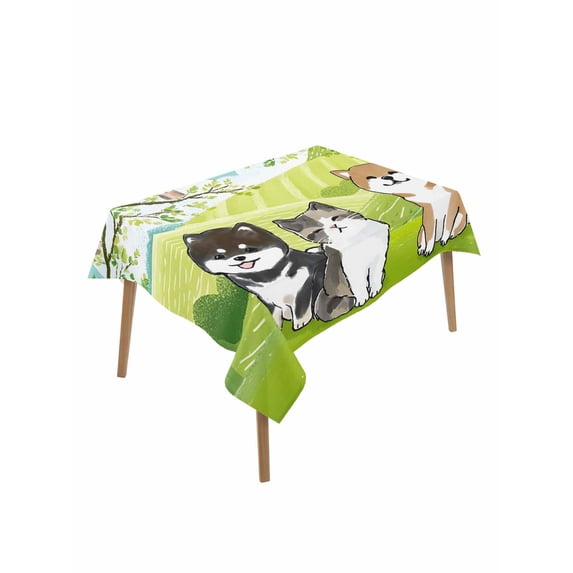 Japanese Aquatian Dogs Table Cloth, Waterproof Tablecloth for Rectangle Tables, Cute Cats Spring Green Trees Hills Reusable Washable Fabric Table Cover for Restaurant Kitchen Dining Tables 60"x102"