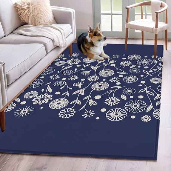 Japanese Area Rugs 4'x6', Washable Small Throw Rugs for Office Bathroom, Navy Blue Country Flowers Leaves Aesthetic Indoor Outdoor Rug Non-Slip Low Pile Carpet Runner Reversible Floor Mats