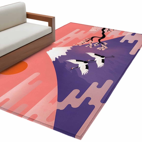 Japanese Area Rugs Collection 3'x5', Nature Mountain Sun Blossoms Cherry Scenery Non Slip Indoor Rectangle Throw Runner Rug Floor Mat Carpet for Living Room Dining Table Bedroom Nursery