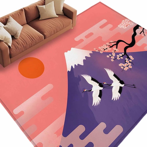 Japanese Area Rugs Collection 5'x8', Nature Mountain Sun Blossoms Cherry Scenery Non Slip Indoor Rectangle Throw Runner Rug Floor Mat Carpet for Living Room Dining Table Bedroom Nursery