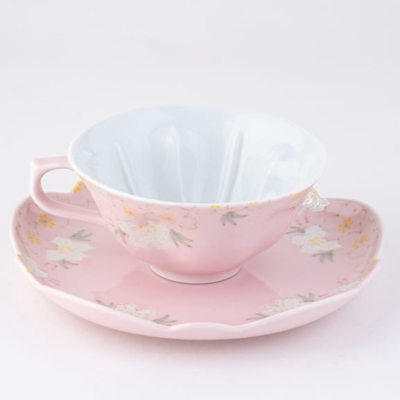 Japanese Arita Ceramic Tasei Kiln Cup and Saucer, Pink and Green Color, Flower Patterns