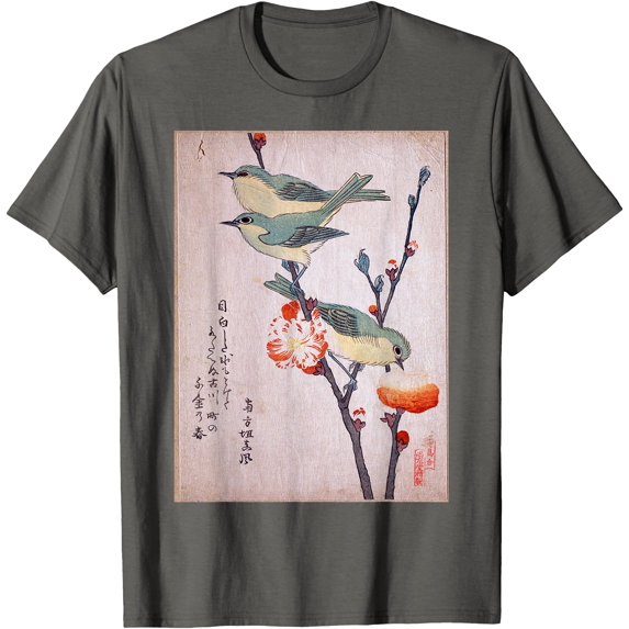 Japanese Art Birds on Cherry Blossom Japanese Softstyle T-Shirt for Men Women Kids,Charcoal Color,Size L