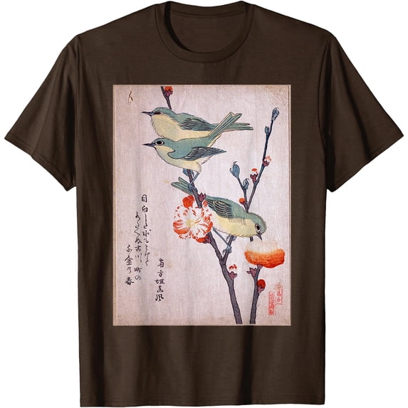 Japanese Art Birds on Cherry Blossom Japanese Softstyle T-Shirt for Men Women Kids,Dark Chocolate Color,Size M