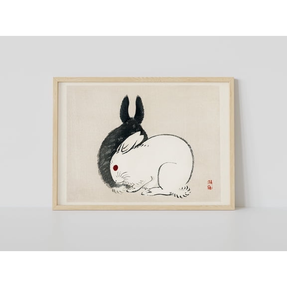 Japanese Art Black Rabbits Pet Animal Animal Portrait Wall Art Vintage Wildlife Wall Decor Rustic Nature Home Office Room Decor Unframed Paper Print