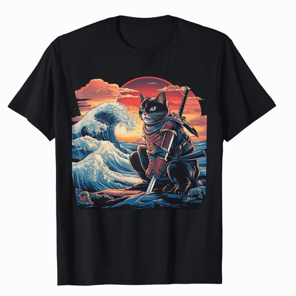 Japanese Art Cat Ninja Ukiyo-e Anime Style Samurai Cat T-Shirt