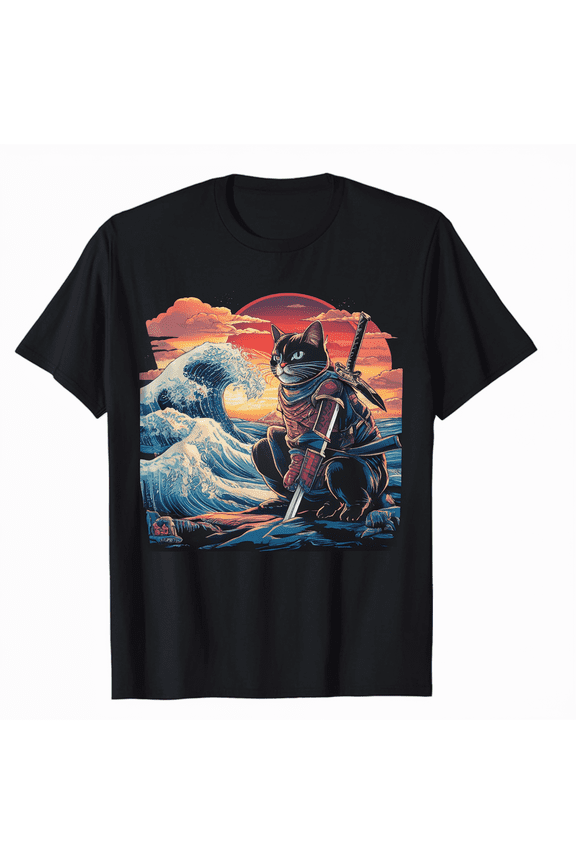 Japanese Art Cat Ninja Ukiyo-e Anime Style Samurai Cat T-Shirt