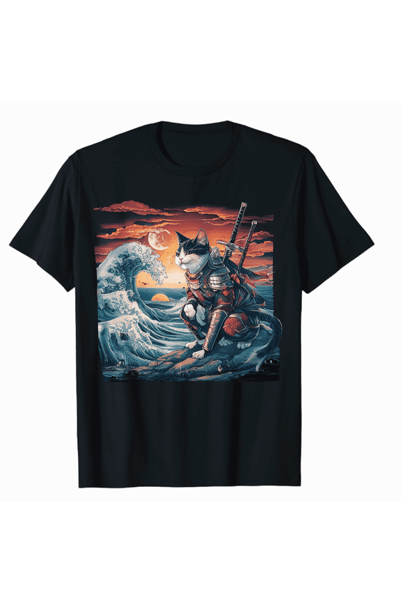 Japanese Art Cat Ninja Ukiyo-e Anime Style Samurai Cat T-Shirt