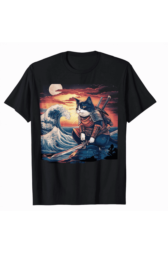 Japanese Art Cat Ninja Ukiyo-e Anime Style Samurai Cat T-Shirt