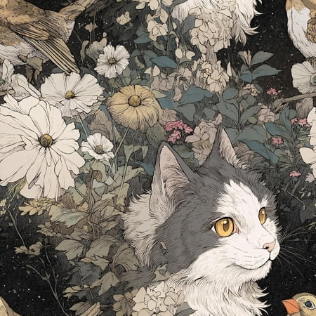 Japanese Art Cat Wallpaper Peel and Stick,Ukiyo-e Floral & Feline Pattern, Removable Mural for Zen Bedroom & Living Room, 17.7x118 Inch