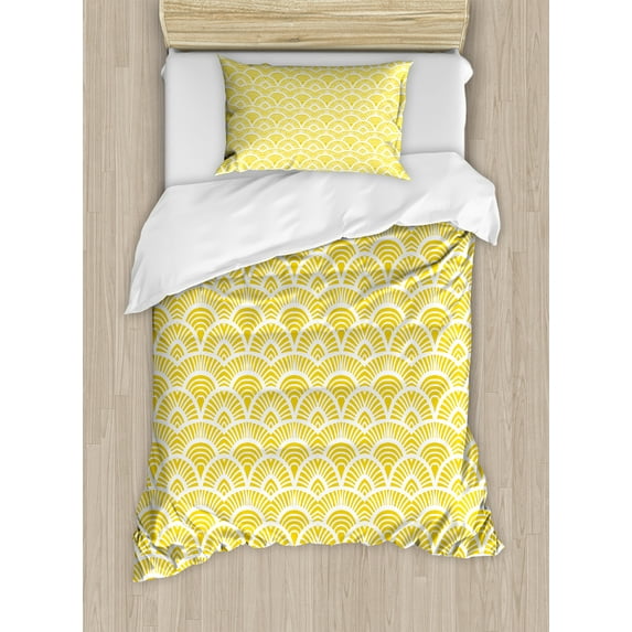 Japanese Art Duvet Cover Set, Fish Scale Inspired Vintage Hand Drawn Oriental Geometric Lines Motifs, Decorative 2 Piece Bedding Set with 1 Pillow Shams, Twin Size, Yellow and Cream, by Ambesonne