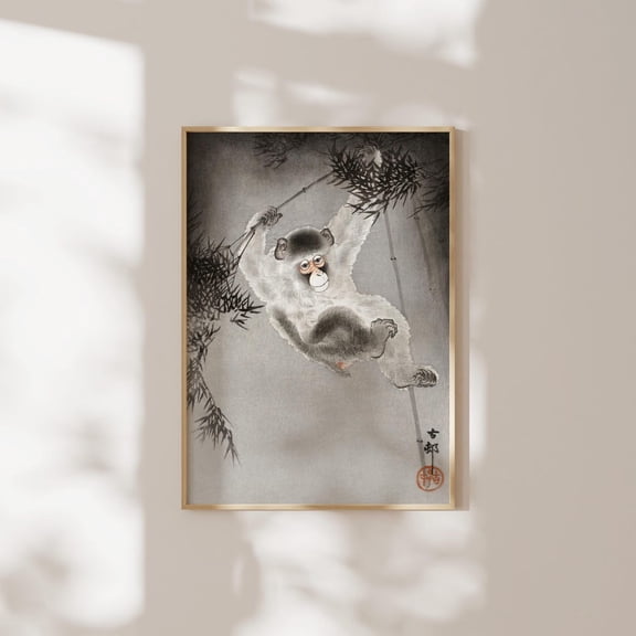 Japanese Art: Monkey From Bamboo Branch By Ohara Koson Wall Art Print, Nature Inspired Living Room Decor