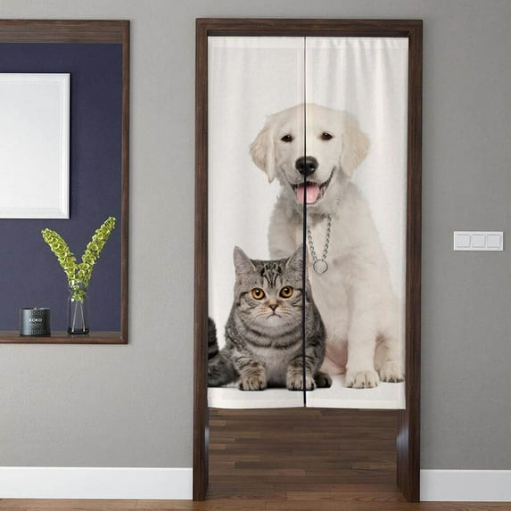 Japanese Art Noren Door Curtains, Modern Minimalism Cat and Puppy white Doorway Curtain, For Kitchen Partition Bedroom Door Privacy Decor