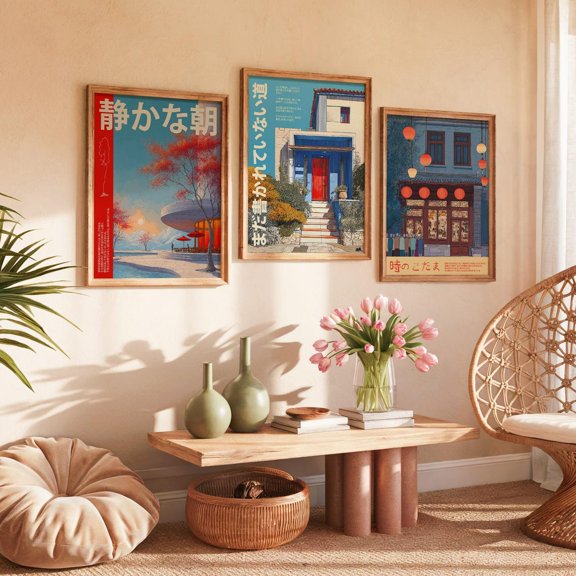 Japanese Art Print Sunrise Red Door Lantern Street Set 3 Unframed Paper Print 8x12