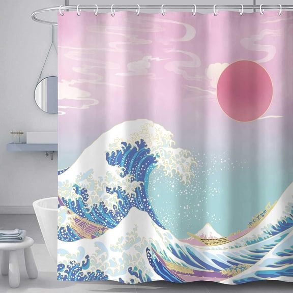 Japanese Asian Art Shower Curtain, Girl Pink Sunset Golden Kanagawa Bath Curtains, Wave Sea Anime Painting Fabric Polyester Waterproof Bathroom Decor Set with Hooks, 72X72in