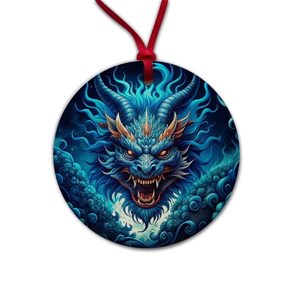 Japanese Asian Blue Spirit Dragon Art Christmas Tree Holiday Round Ceramic Ornament