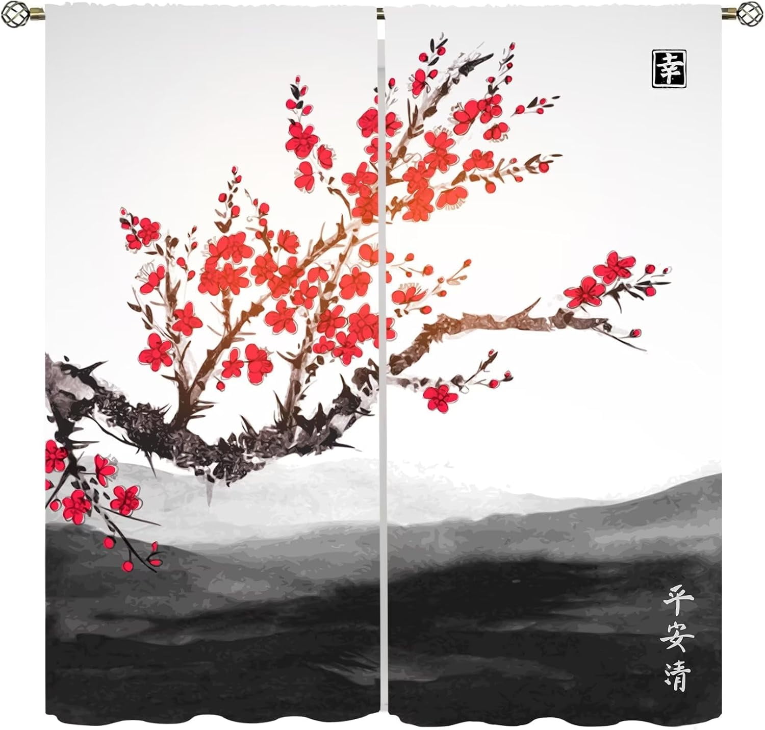Japanese Asian Curtains Red Cherry Blossom Tree Traditional Ink Style Plant Mountain River Printed Curtain for Kitchen Bedroom Living Room Blackout Privacy Noise Reduction Curtain 84x84 Inch 2 Panels