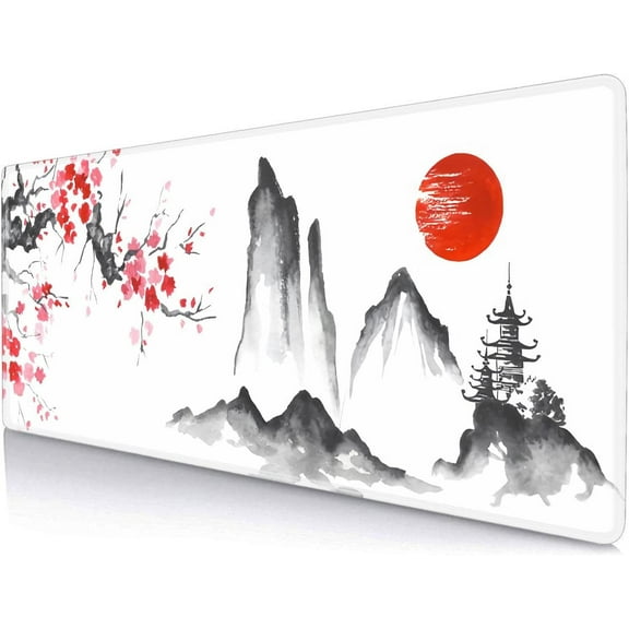 Japanese Asian Ink Painting Gaming Mouse Pad, Mountain and Sun Extended Large Mouse Mat Big Mousepad, Keyboard Stitched Edges Big Mousepad for Computer Pc Laptop