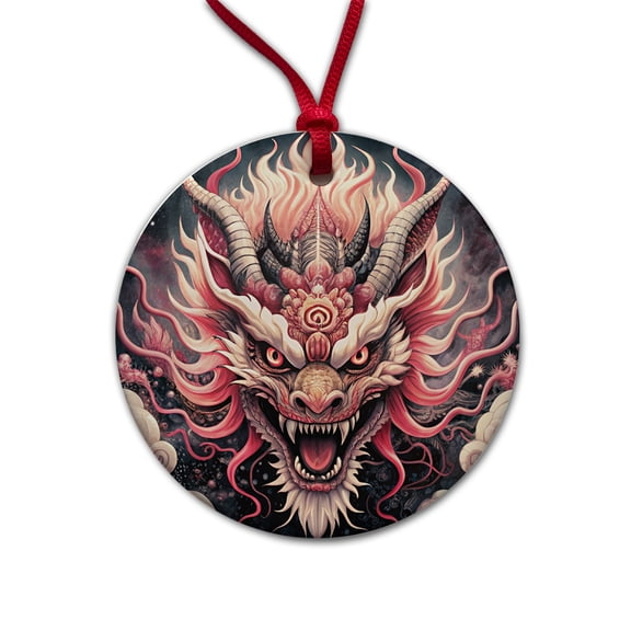Japanese Asian Pink Spirit Dragon Art Christmas Tree Holiday Round Ceramic Ornament