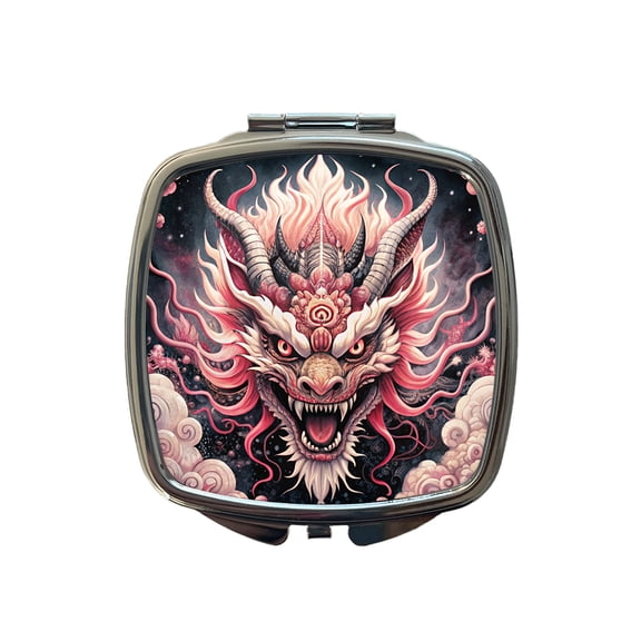 Japanese Asian Pink Spirit Dragon Art Travel Makeup Handbag Purse Small Pocket Compact Mirror