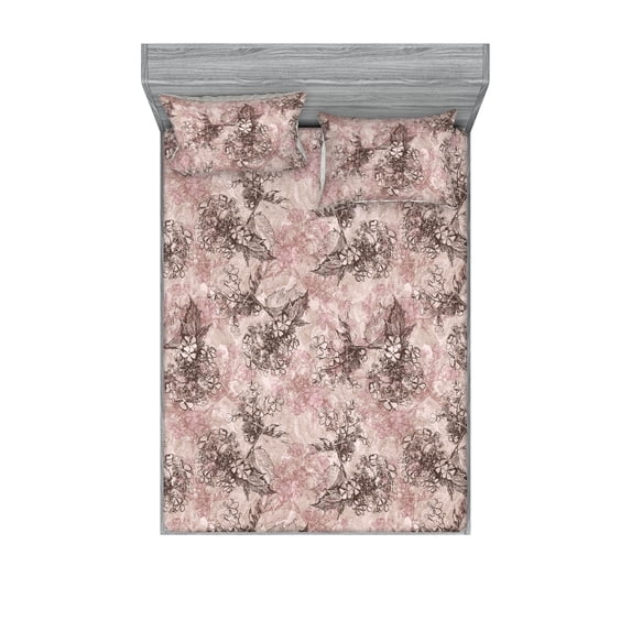 Japanese Autumn Fitted Sheet & Pillow Sham Set, Romantic Vintage Asian Engraved Style Flower Pattern with Leaves, Decorative Printed 3 Piece Bedding Decor, Full, Pale Rose Dark Taupe, by Ambesonne