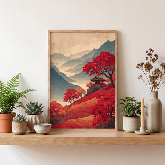 Japanese Autumn Landscape Print Red Maple Tree Zen Art