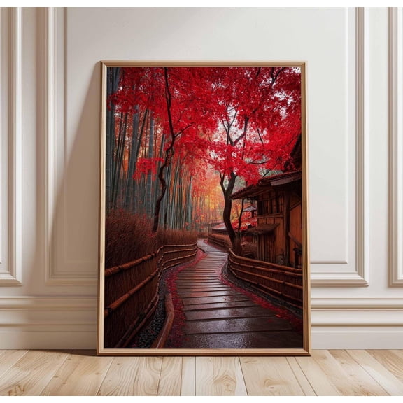 Japanese Autumn Pathway Poster Red Maple Leaves Bamboo Forest Art, Unframed Poster