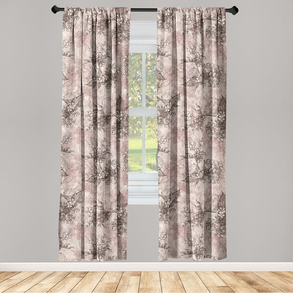 Japanese Autumn Window Curtains, Romantic Vintage Asian Engraved Style Flower Pattern with Leaves, Lightweight Decor 2-Panel Set with Rod Pocket, Pair of - 28"x63", Pale Rose Dark Taupe, by Ambesonne