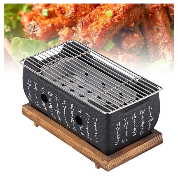 Japanese BBQ Grill, Table Grill Charcoal Portable Charcoal Grill, Aluminum Hibachi Grill with Wooden Base for Family Barbecue Camping Picnic
