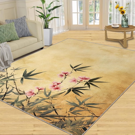Japanese Bamboo Area Rug, Oriental Floral Washable Rug, Non Slip Low Pile Carpet for Living Room Bedroom Home Decor 2x3ft