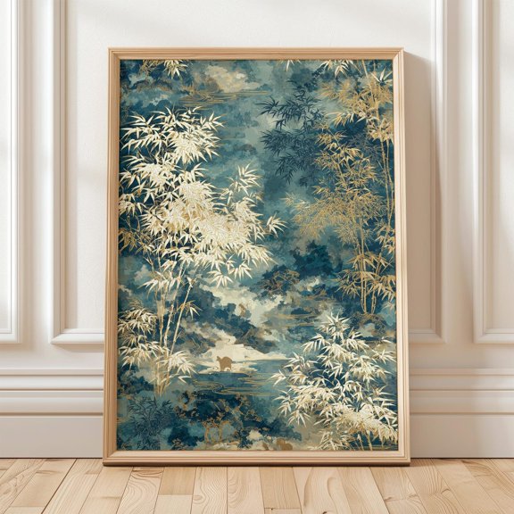 Japanese Bamboo Forest Gold Botanical Landscape Zen Asian Style Porch Display, Stretched Canvas 12x16in