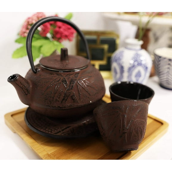 Japanese Bamboo Forest Maroon Red Traditional Heavy Cast Iron Tea Pot and Cups