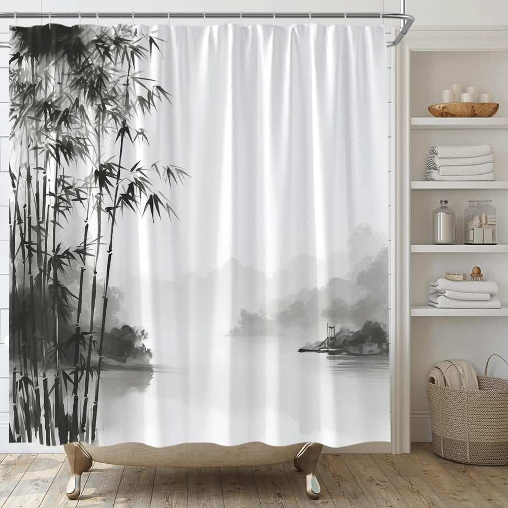 Japanese Bamboo Shower Curtain Asain Ink Painting Bamboo Forest Lake ...