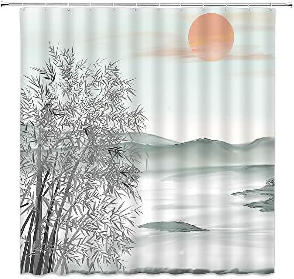 Japanese Bamboo Shower Curtain Asian Ink Painting Vintage Black Bamboo