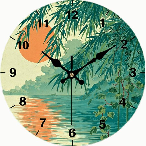 Japanese Bamboo Sunset Lake Round Wall Clock, Silent Non-Ticking Zen Landscape Clock, Asian-Inspired Decor for Living Room Bedroom Office Meditation Home