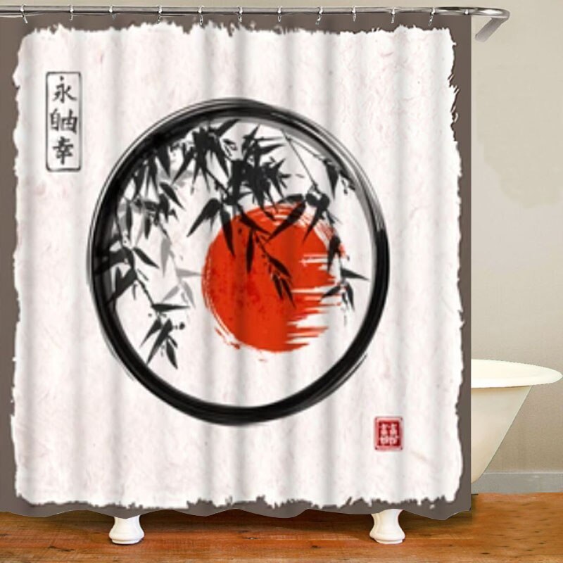 Japanese Bamboo Trees and Sun in Enso Zen Circle Sumie Painting Bath Shower Curtains