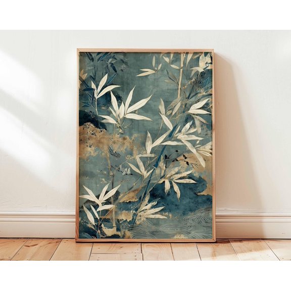 Japanese Bamboo Zen Botanical Gold Ink Wall Art Print, Unframed Paper Poster 8x10in
