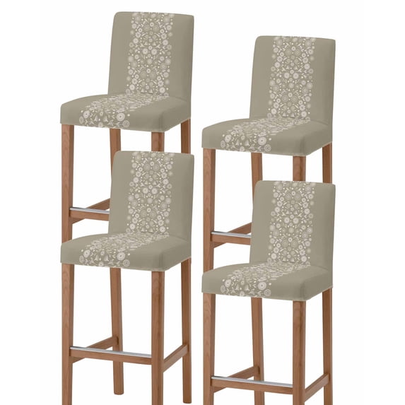 Japanese Bar Stool Covers Set of 4, Grey Simple Traditional Flowers Leaves Pattern Stretch Washable Bar Chair Covers with Backs, Removable Pub Counter Height Chair Cover for Kitchen Dining Room Cafe
