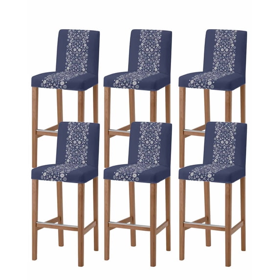 Japanese Bar Stool Covers Set of 6, Navy Blue Country Flowers Leaves Aesthetic Stretch Washable Bar Chair Covers with Backs, Removable Pub Counter Height Chair Cover for Kitchen Dining Room Cafe