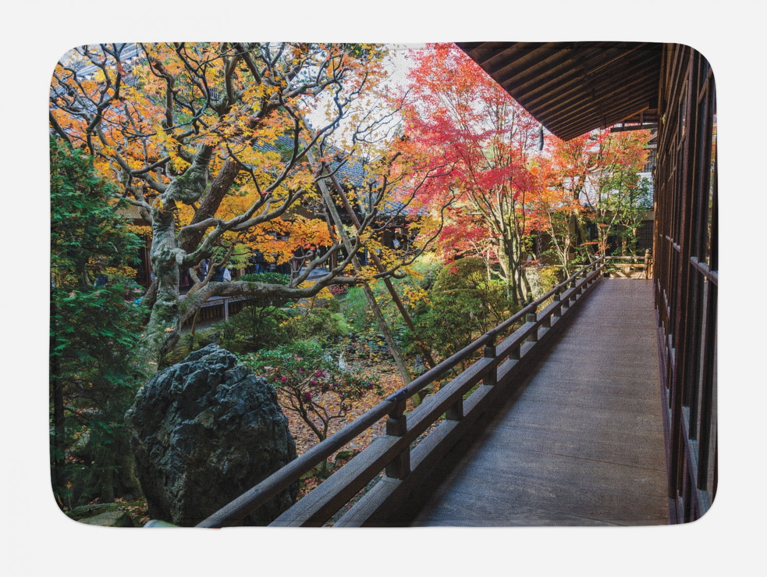 Japanese Bath Mat, Forest Landscape from a Wooden Balcony in the Fall ...