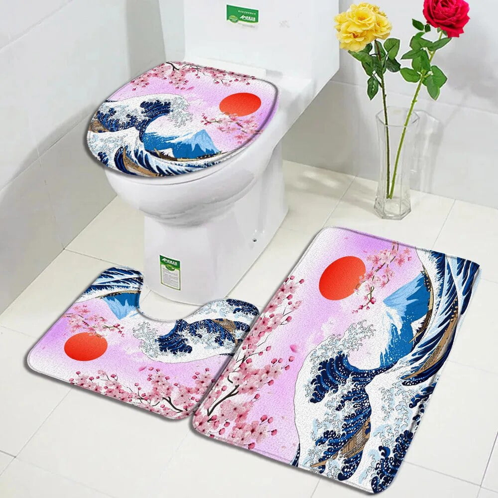 Japanese Bath Mat Set Pink Cherry Blossom Sun White Crane Sea Waves ...