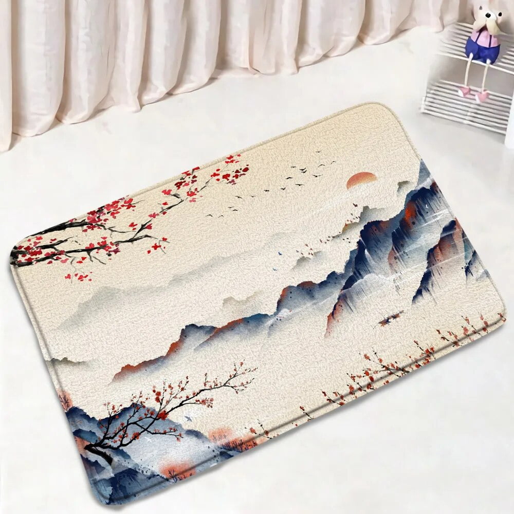 Japanese Bath Mat Set Pink Cherry Blossom Sun White Crane Sea Waves ...
