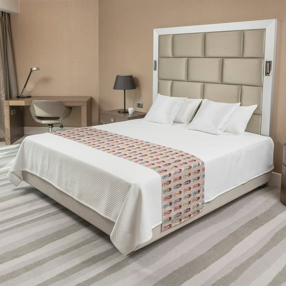 Japanese Bed Runner, Colorful Kokeshi Dolls Print in Floral Head-Wears Traits, Decorative Accent Bedding Scarf for Hotels Homes and Guestrooms, King, Pale Redwood Multicolor, by Ambesonne