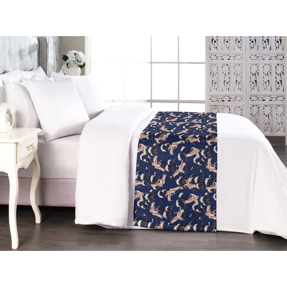 Japanese Bed Runner, Crane Birds and Big Waves Cultural Symbol Asian Style Illustration, Decorative Accent Bedding Scarf for Hotels Homes & Guest Rooms, Queen, Night Blue Salmon Ivory, by Ambesonne