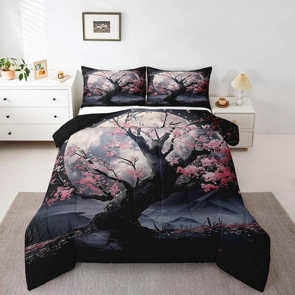 Japanese Bedding Set Moon Cherry Blossom Comforter Set Queen Black And Pink Floral Bedding Comforter Sets For Teen Adults Women,Aesthetics Sakura Flower Quilt Duvet 2 Pillow Cases