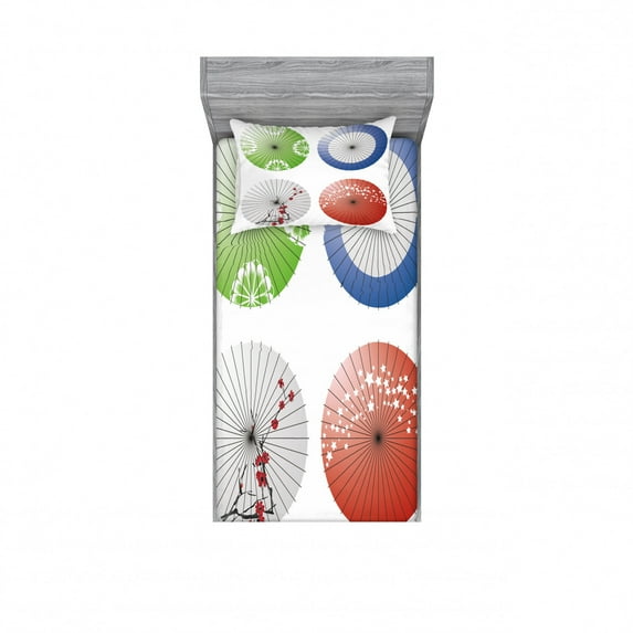 Japanese Bedding Set with Sheet & Covers, Artisan Japanese Umbrella Design with Cherry Blossom Flowers and Star, Printed Bedroom Decor 2 Shams, 4 Sizes, Multicolor, by Ambesonne