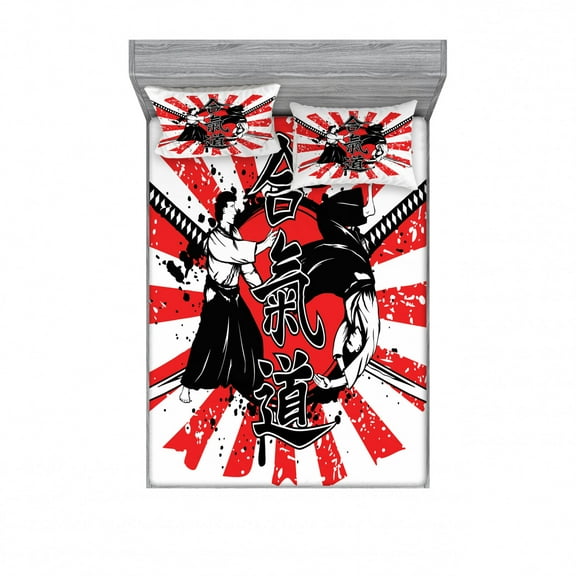 Japanese Bedding Set with Sheet & Covers, Crossed Samurai Hieroglyph Background 2 Ronin Aikido Eastern Fight Style, Printed Bedroom Decor 2 Shams, 4 Sizes, Orange Black White, by Ambesonne