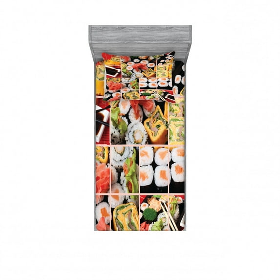 Japanese Bedding Set with Sheet & Covers, Cuisine Sushi Fish Raw Meat Rolls South East Fast Food Ceremony Artwork, Printed Bedroom Decor 2 Shams, 4 Sizes, Multicolor, by Ambesonne
